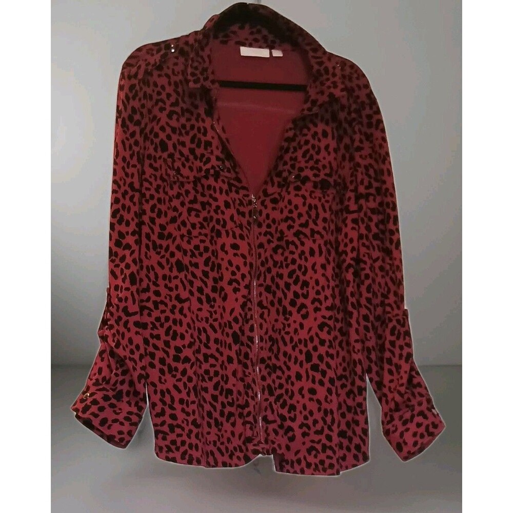Belle By Kim Gravel Animal Print Top Sz XL Red Black Full Zipper Rocker Chic